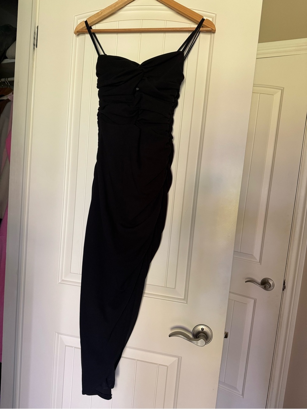 Black Ruched Slip Dress with Spaghetti Straps